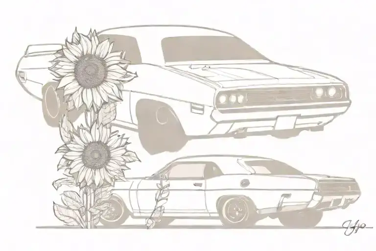 70'S Dodge Challenger And Sunflowers