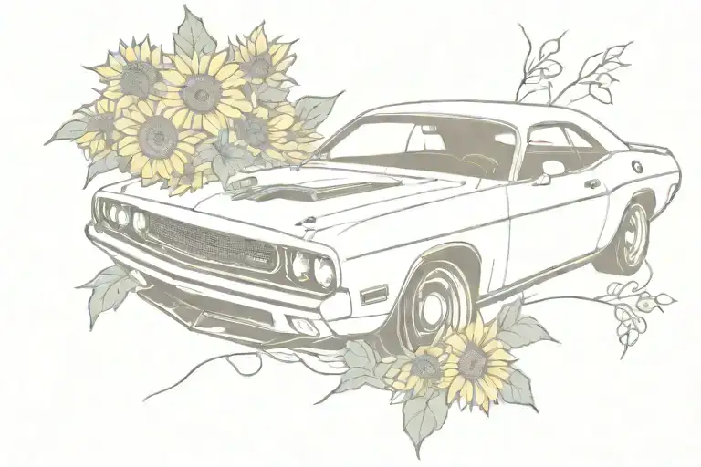 70'S Dodge Challenger And Sunflowers