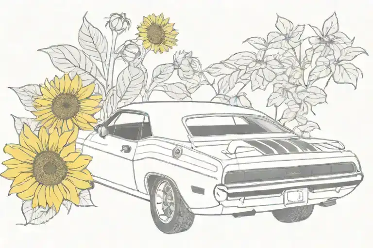 70'S Dodge Challenger And Sunflowers