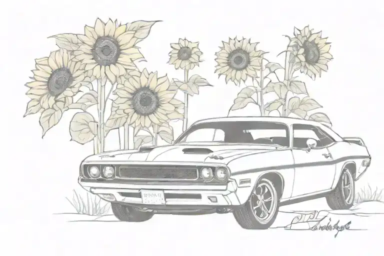 70'S Dodge Challenger And Sunflowers