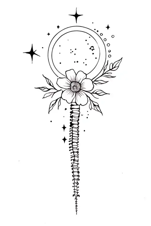 Spine Tatto With Moon Stars Flower And Sun