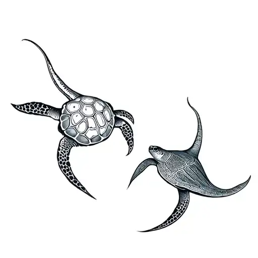 Turtle And Stingray Swimming Together