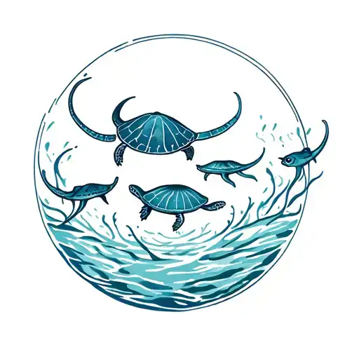 Turtle And Stingray Swimming Together In A Circle