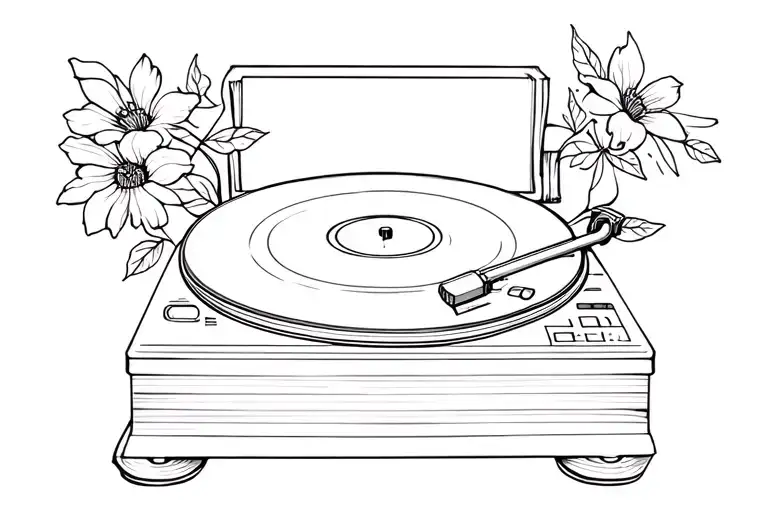 Record Player With Books Floating And Flowers