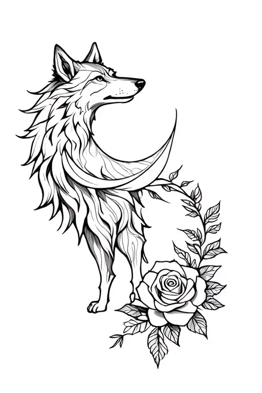 Wolf And Roses Intertwined And Moon