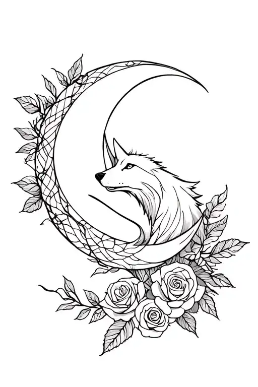 Wolf And Roses Intertwined And Moon