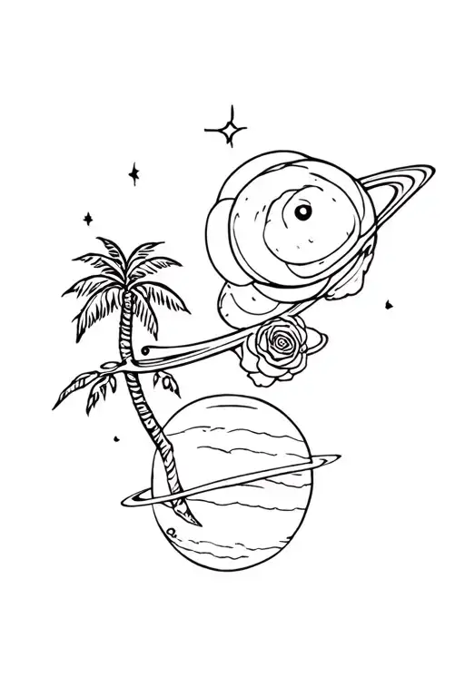 Owl And Ox And Rose And Saturn Planet And Palm Tree