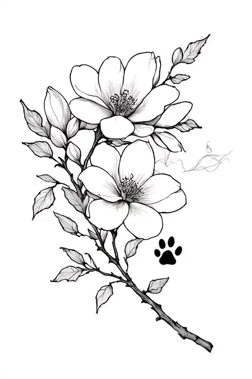 Magnolia Flowers With Cosmos And A Paw Print On A Branch