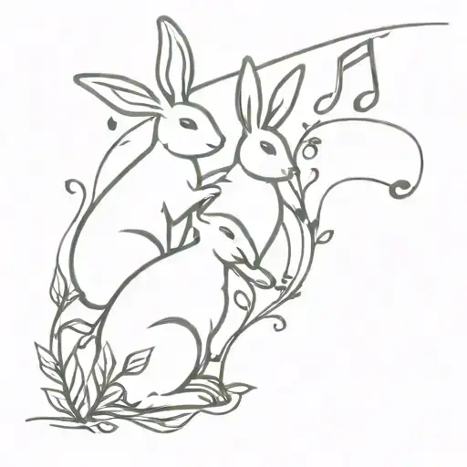 A Minimalist Tattoo Of Two Rabbits Surrounded By Music Notes And Leaves