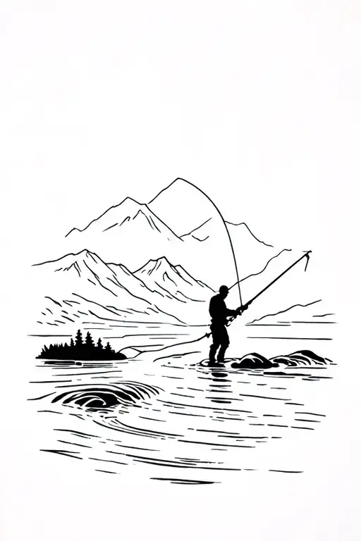 Silhouette Of Man Fishing In A Mountain Stream Flowing