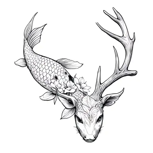 Koi Fish Flowers And A Deer Antler