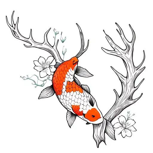 Koi Fish Flowers And A Deer Antler Inside
