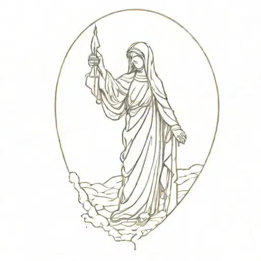 Mother Mary With Rocket Wings In Front Of Ruined City