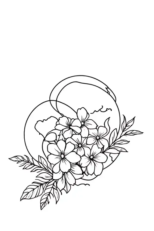 Line Art Piece With Bouquet Of Flowers Intertwined With Earth