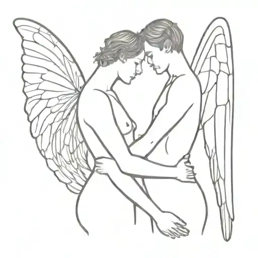 Two Male Angels Hugging With Butterfly Wings Standing