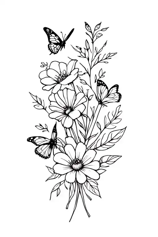 Several Flowers Assembled With Leaves And Butterflies