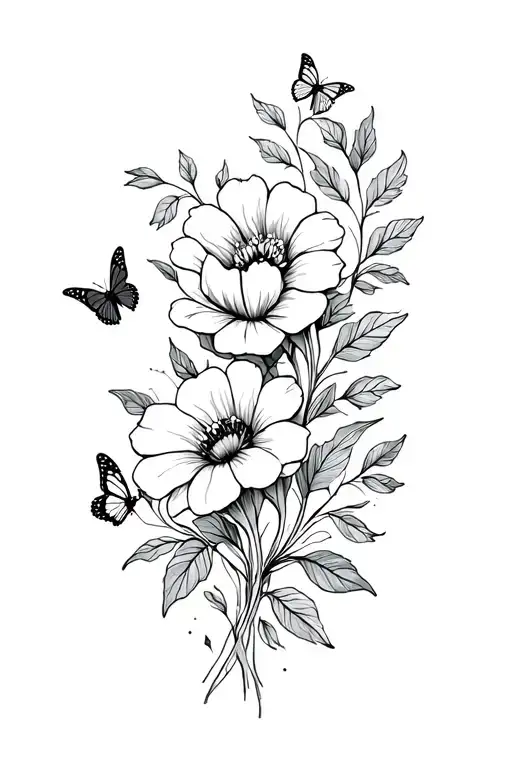 Several Big Flowers Assembled With Leaves And Butterflies