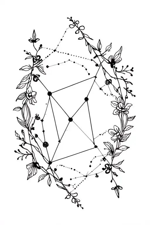 Virgo Constellation Intertwined With Floral Elements In Blackwork Style