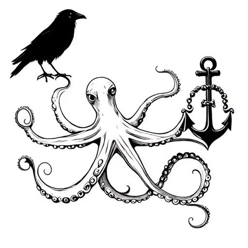Octopus Holding Anchor And On Top A Raven Is Standing