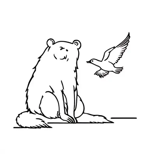 A Bear Sitting And A Bird Flying