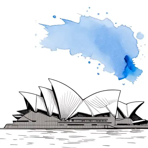 Minimalist Sketch Outline Of The Sydney Opera House With A Mixed Blue Watercolour Background