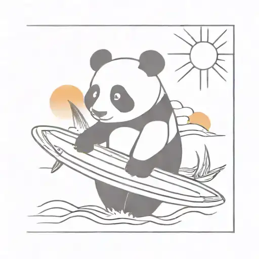 Panda Holding A Surfing Board On The Beach With A Sunset