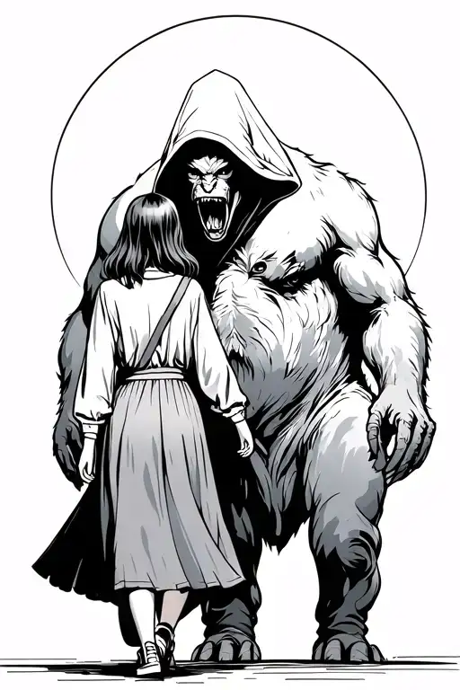 A Girl And A Huge Hooded Beast Walking Side By Side