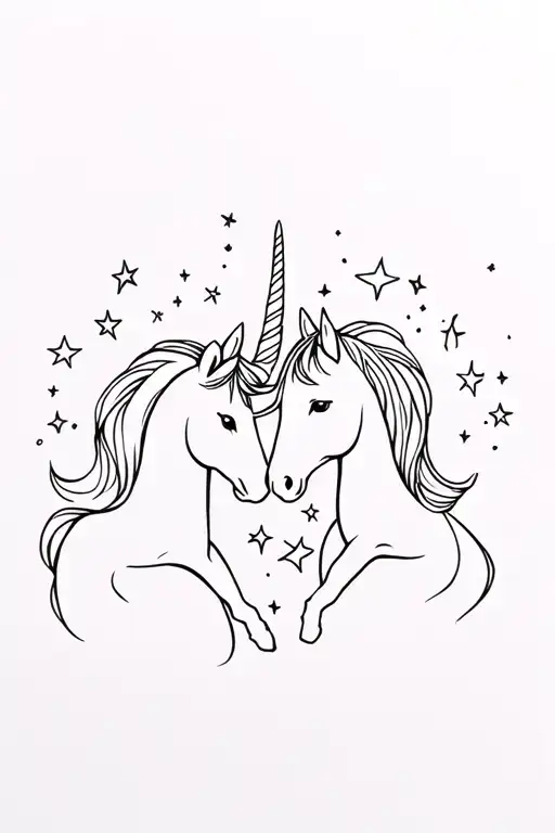 A Fine Line Tatoo With A Unicorn And A Horse Intertwined With Stars And Sparkles