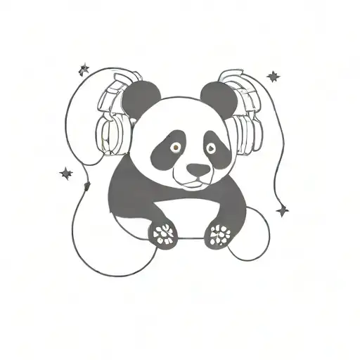A Minimalist Tattoo Of A Panda Wearing Headphones Floating In Space Surrounded By Manga Symbols