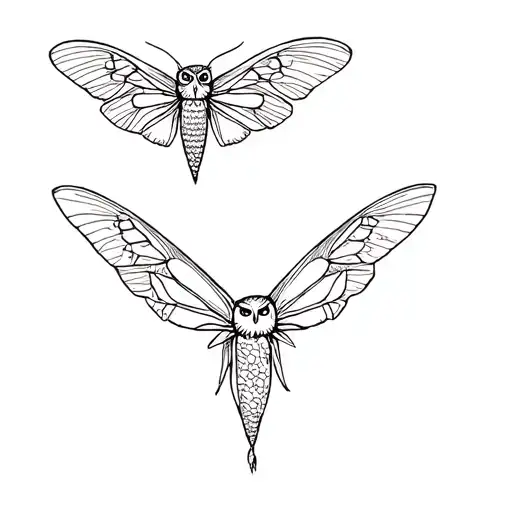 Moth And Owl Fine Line Tattoo Design