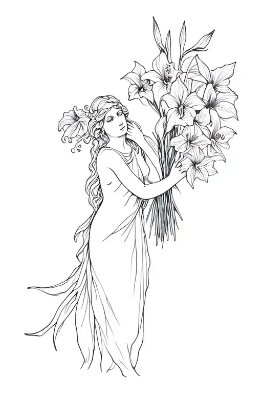 A Greek Mythology Forest Nymph Holding A Bouquet Of Amaryllis Nymph Flowers