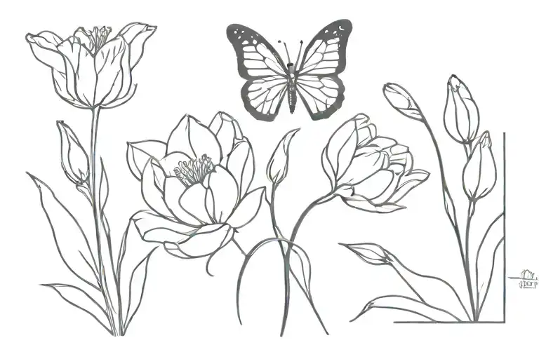 Butterfly And Tulips Black