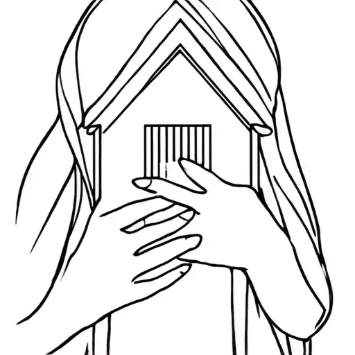 Fine Line Full Bodied Solemn Looking Woman Holding A House In Her Arms