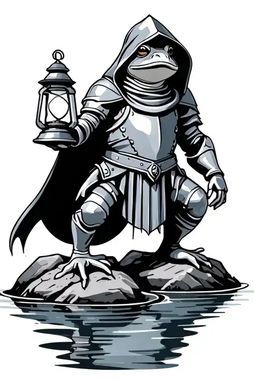 Frog Holding A Lantern Wearing Knight Armor With A Hood Standing On Rocks By Water