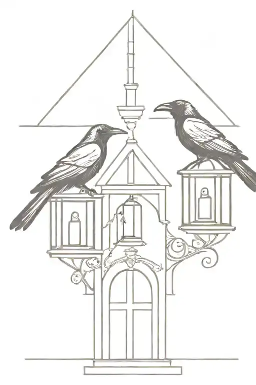 Three Ravens Sitting On A Doorstep In Front Of A Gothic Door With A Lantern Porch Light