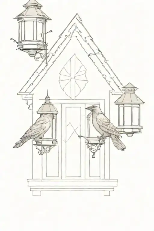 Three Ravens Sitting On A Doorstep In Front Of A Gothic Door With A Lantern Porch Light