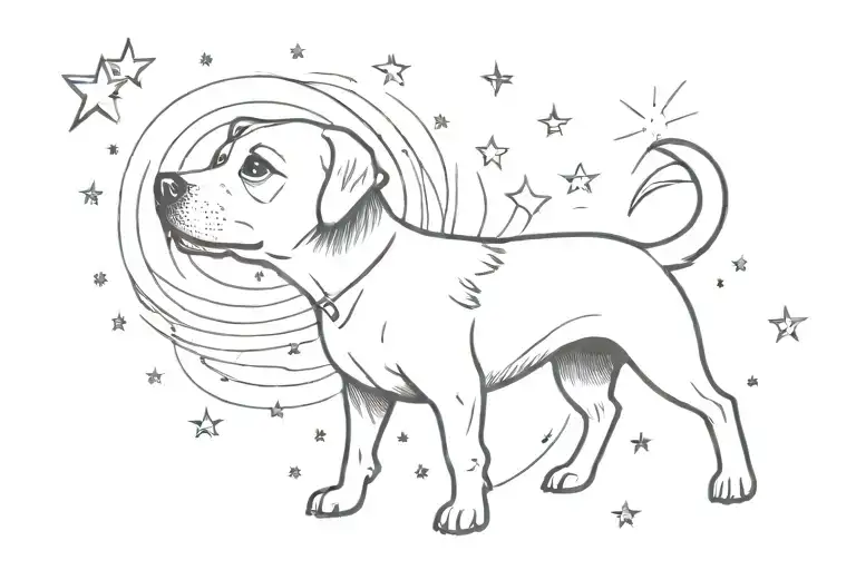 A Small Dog That Looks Like Is Flying To The Sky And Has A Small Sun And Stars Above Him