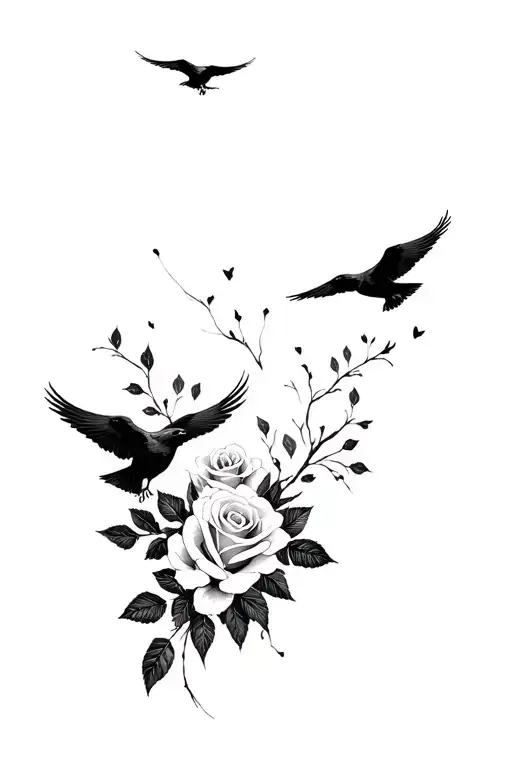 Roses And Ravens Flying Above Them