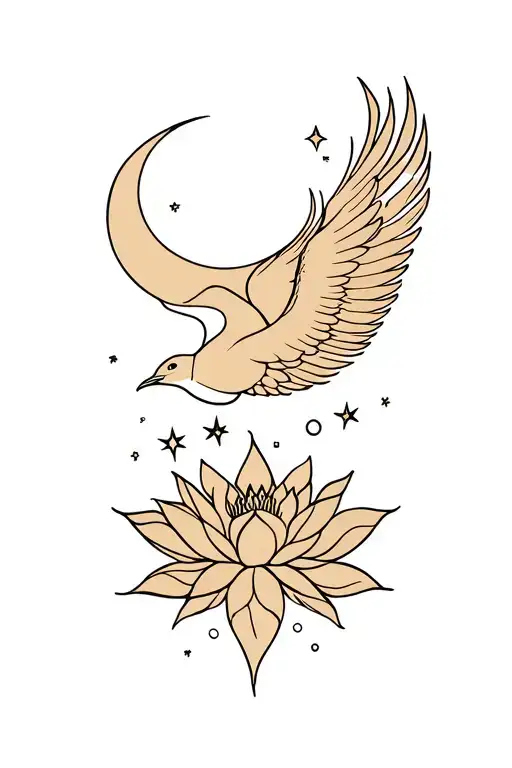 Phoenix Flying From Lotus Flower Towards Sun Moon With Star Elements Feminine