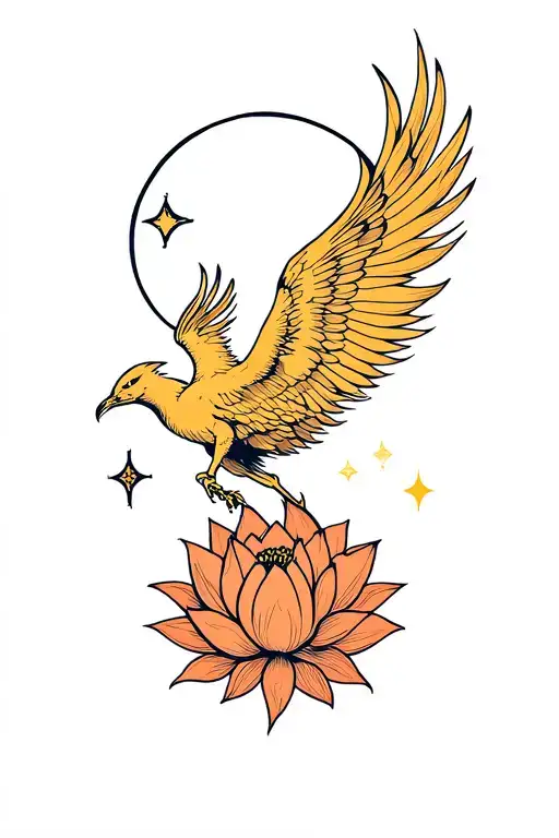 Phoenix Flying From Lotus Flower Towards Sun Moon With Star Elements Feminine