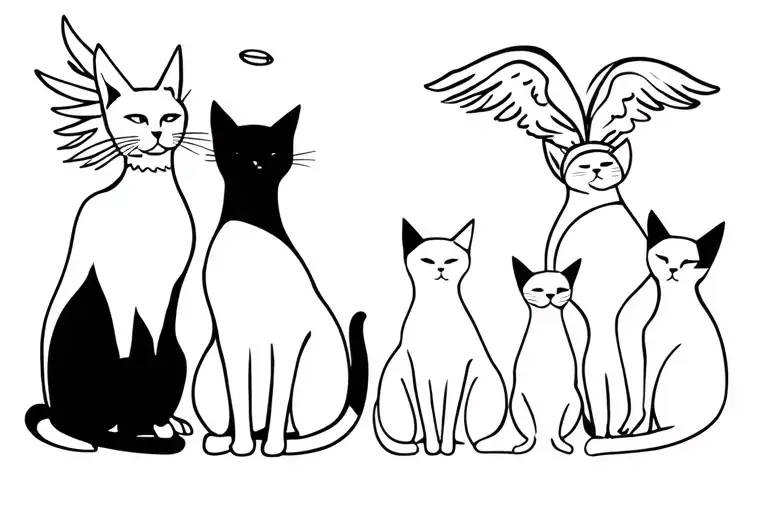 Silhouette Of 6 Cats From Behind And One Of Them With An Angel Halo On Its Head