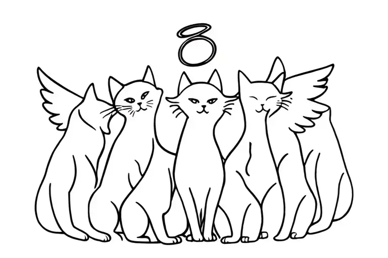 Silhouette Of 6 Cats From Behind And One Of Them With An Angel Halo On Its Head