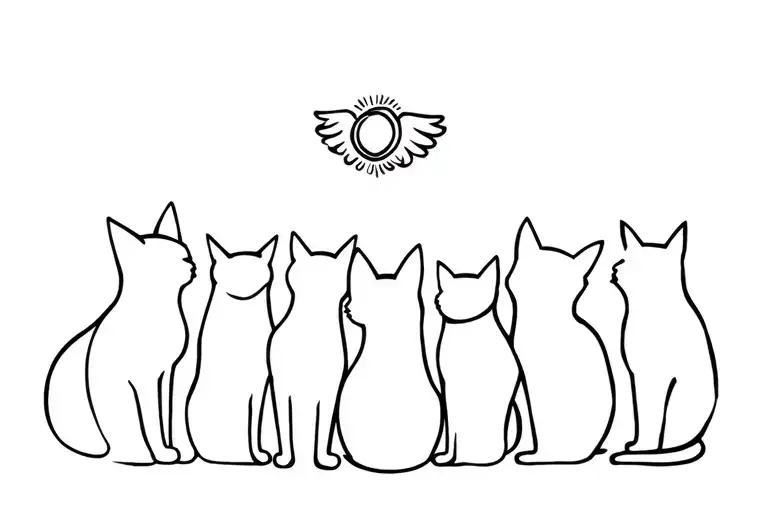 Silhouette Of 6 Cats From Behind And One Of Them With An Angel Halo On Its Head