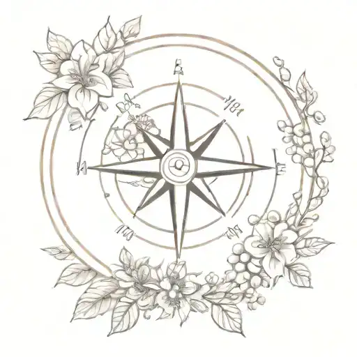 A Minimalist Tattoo Of A Compass Surrounded By Coffee Beans And Flowers