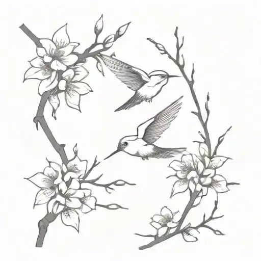 A Branch Of Sakura And Two Swallows Flying