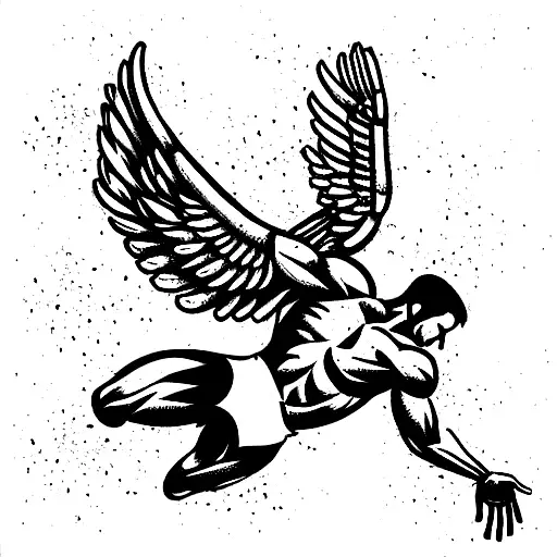 A Muscular Man Bursting Upright From Bricks With Hand Towards Heaven Exploding With Wings