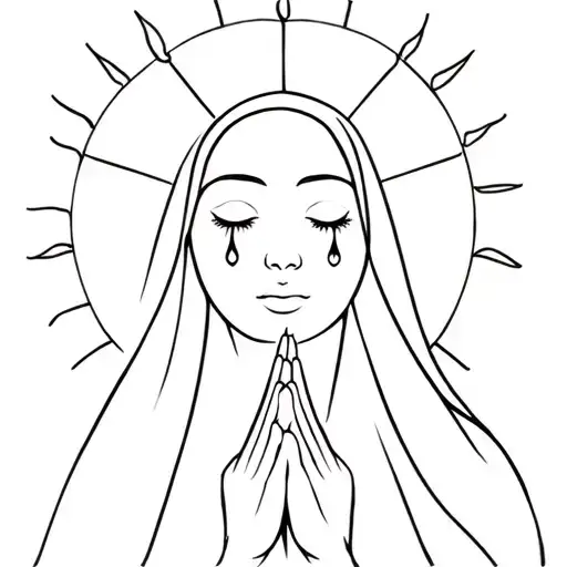 Head And Shoulders Of Women Wearing Veil Praying With Sun Rays Around Head And Tears From Eyes