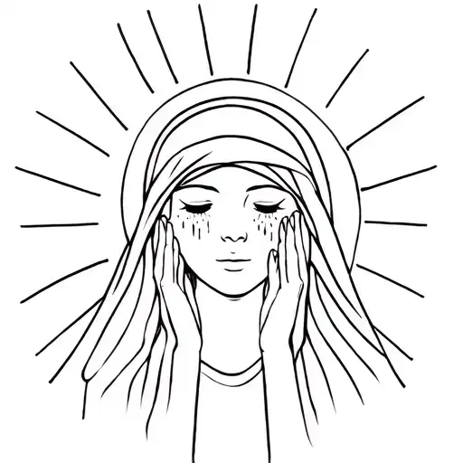 Head And Shoulders Of Women Wearing Veil Praying With Sun Rays Around Head And Tears From Eyes