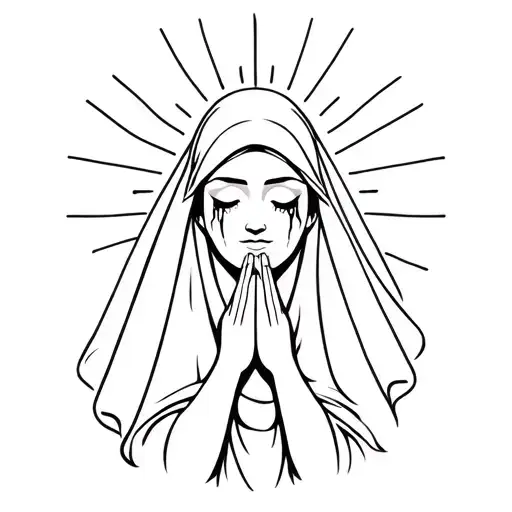 Head And Shoulders Of Women Wearing Veil Praying With Sun Rays Around Head And Tears From Eyes
