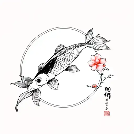 Cherry Flower In A Fan And Upstairs Koi Fish